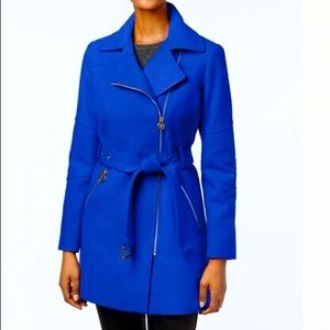 Michael Kors Royal Blue Asymmetrical Belted Pea Coat Size XL